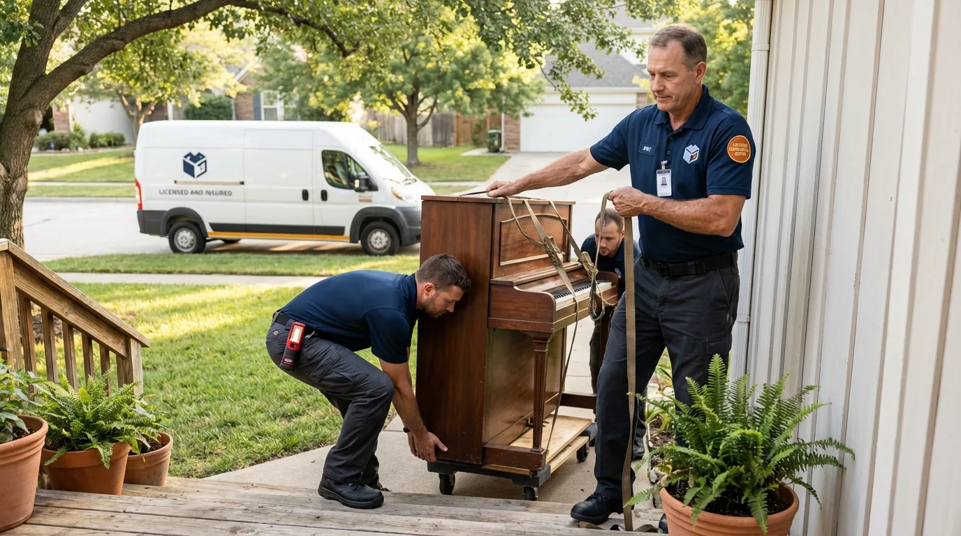Licensed piano movers securing grand piano in Washington, VT