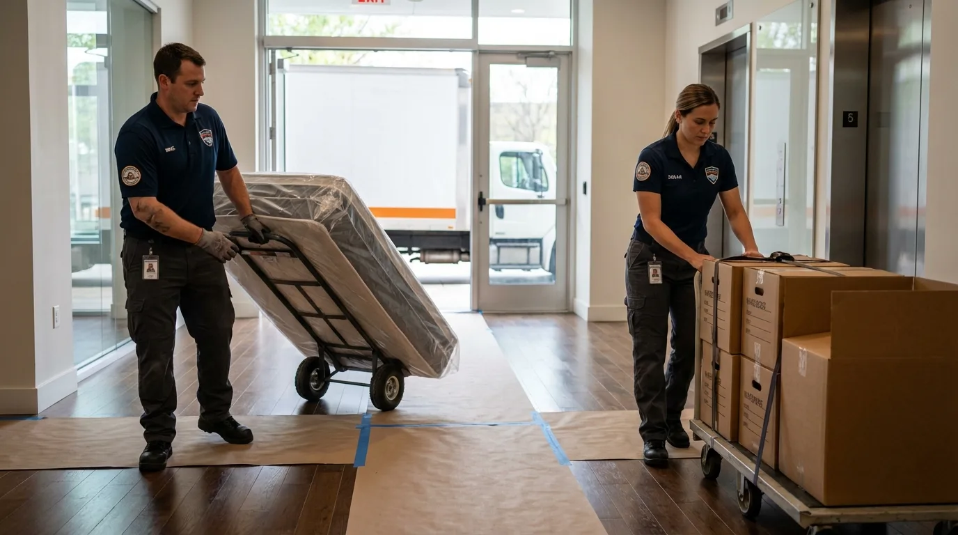 Professional apartment movers loading elevator in Washington, VT
