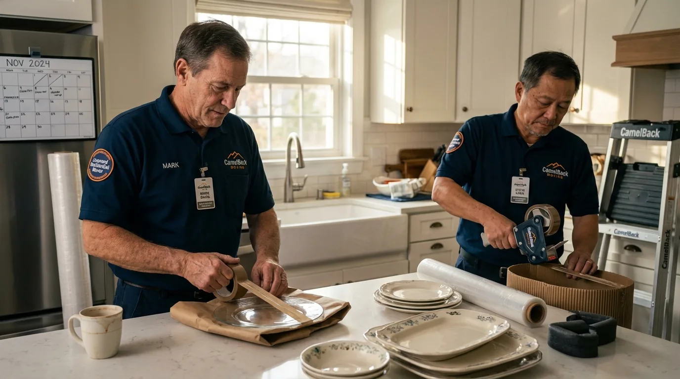 Professional crew packing kitchen dishware in Washington, VT